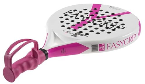 EasyGrip R2 Pala de pádel junior mano derecha, mango ergonómico EasyGrip de EVA suave, fibra de vidrio ligera 325g, para jóvenes diestros, comodidad y precisión (blanco/fucsia)