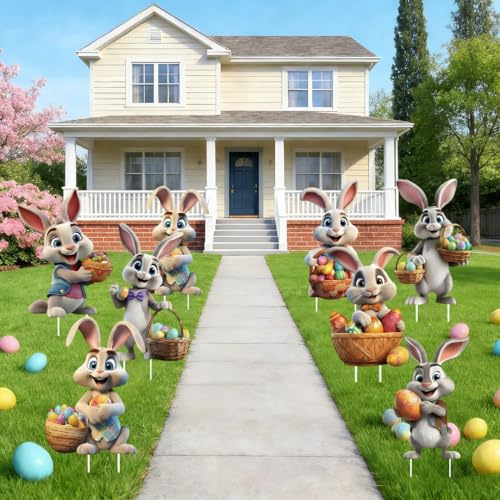 Sifxouped 8pcs Osterdeko für Draußen,Gartendeko Osterhasen, Ostereier Stakes,Osterhase Gartenstecker wetterfest für Garten-Rasen-Yard-Dekoration, frühlingsdeko (8 Kaninchen)
