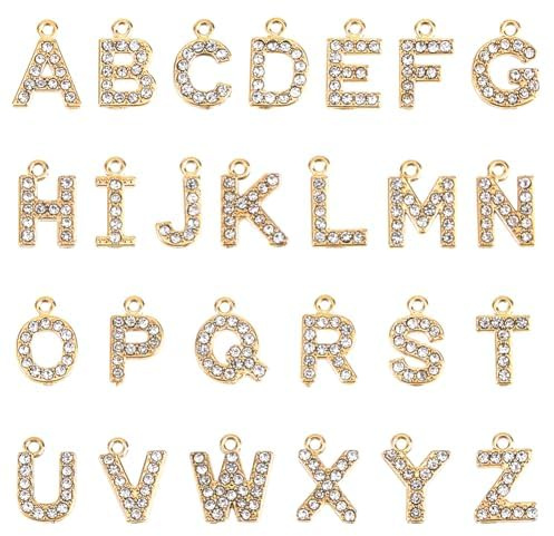 DICOSMETIC 26 Teile Edelstahl Strassstein Buchstaben Anhänger 18K Gold Plated Alphabet Charm 9.5mm Kleine Buchstaben A-Z Anhänger für DIY Halskette Armband Ohrring Schmuckherstellung