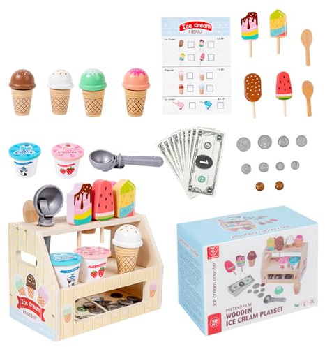 jklymm Kids Pretend Ice Cream Parlor Toy with Scoops Cones Educational Counting Game Pretend Store Toy for Fine Motor Skills Development