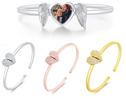 Bracelet médaillon personnalisé en forme de cœur avec ailes d'ange en zircon pour femme, avec photo personnalisée, en argent, créatif, bijou commémoratif ouvrable,cadeau pour épouse,mère ou grand-mère
