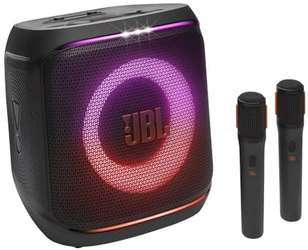 JBL, PartyBox Encore Essential 2 Micrófono Show Luz Bluetooth Portátil a Prueba de Salpicaduras, batería de hasta 15 h, JBL Pro Sound Boost, 100 W RMS