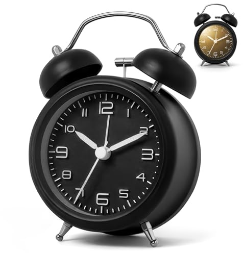 FORNORM Wecker Ohne Ticken, 12.5 * 8.5 * 5cm Doppelglockenwecker mit Nachtlicht, Schwarz Batteriebetrieben Lauter Wecker für Schlafzimmer Büro, Retro Analog Wecker für Kinder Erwachsene Senioren