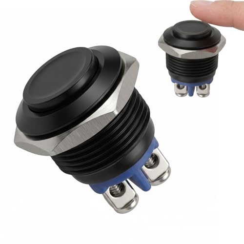 Wcawnlt Pulsante a pressione da 16 mm, interruttore momentaneo nero, in metallo, 12 V, 220 V, 1 A, IP20, per campanello auto, barca, campanello con morsetti a vite, 1 interruttore rotondo in metallo
