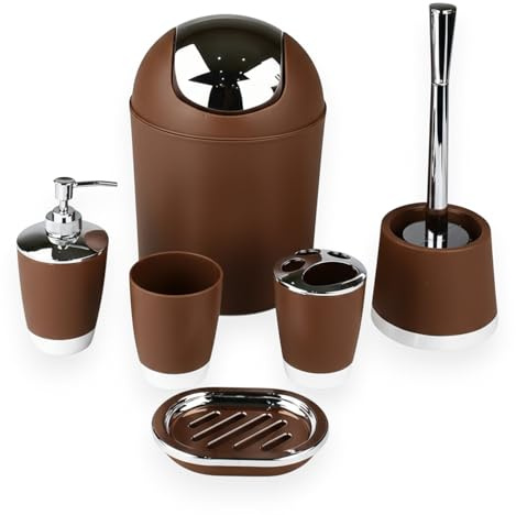 6tlg Badset Badezimmer Zubehör Set Organizer: Seifenspender, Zahnputzbecher, Kosmetikeimer, WC Bürste und Halter, Seifenschale, Mülleimer, Zahnbürstenhalter, Badgarnitur (Braun Design 1)