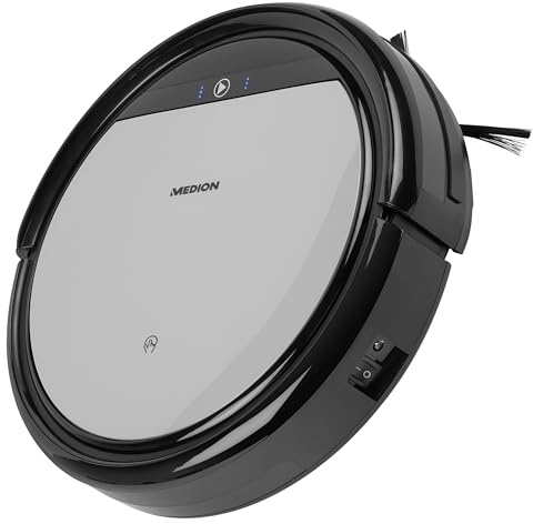 MEDION Saugroboter mit Ladestation (90 Min Laufzeit, Roboterstaubsauger für Hartböden, Fliesen, Laminat, Tierhaar optimiert, Direktabsaugung, autom. Rückkehr zur Ladestation, MD18500) grau