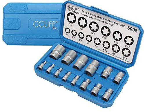 CCLIFE 14tlg Torx Nuss Set E Profil Stecknüsse Steckschlüssel Satz Außentorx E4-E24 1/4 3/8 1/2 Zoll Steckschlüsseleinsätze