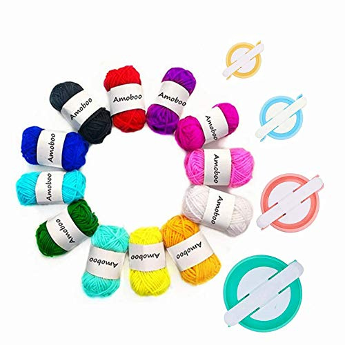 KNEWMART Pom Pom Maker, 4 Taglie Pompon Maker Fluff Sfera Weaver ago Fai da Te in Kit di Attrezzi Lavoro a Maglia di Lana per Lavoro a Maglia + 12 Pezzi di Filato Acrilico