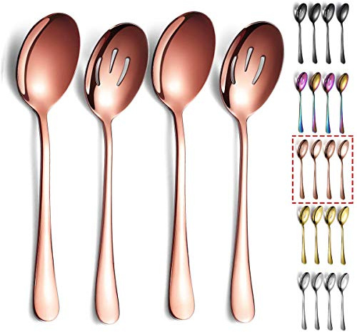 Kyraton Roségold Servierlöffel 4 Stück, enthalten 2 Servierlöffel und 2 geschlitzte Löffel, Serviergeschirr aus Edelstahl, Servierset Packung mit 4