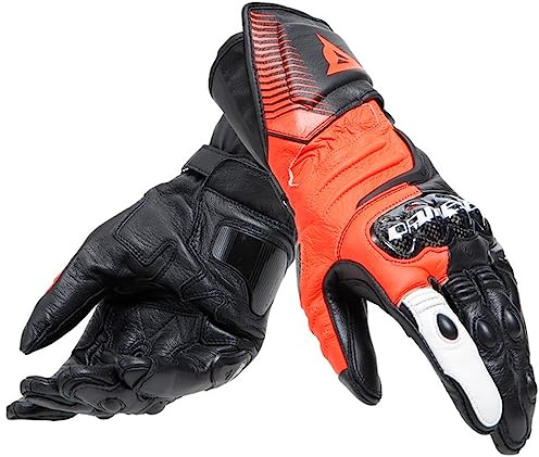 Dainese - Carbon 4 Long Gloves, Lange Sport-Motorradhandschuhe aus Leder, Knöchelschoner aus Carbon, Mann, Schwarz/Fluo-Rot/Weiß, L