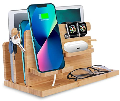iCozzier Supporto per telefono in bambù, docking station da scrivania con cassetto, chiavi, portafoglio, orologio, supporto in legno, tavolo da letto e supporto da scrivania, organizer da tavolo (5)