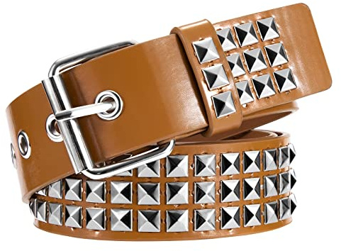 Newellsail Cinturón de Remache Cinturón Punk de Cuero PU Gótico con Tachuelas de Pirámide para Mujeres y Hombres Accesorios de Ropa Gótica (Caqui)