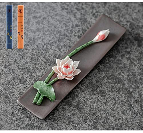 Räucherstäbchenhalter, Keramik, 25,4 cm, Keramik-Lotus-Räucherstäbchenhalter, Räucherstäbchenhalter oder Weihrauchbrenner-Halter für Meditation, Yoga, Spa Entspannung mit 60 Räucherstäbchen