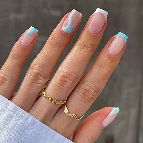 24PCS Short False Nails with Glue Stickers,Coffin Full Cover Acrylic and Press on Nails no Glue,White Blue Wave French Fake Nails Stick for Women and Girls Nail Art.
