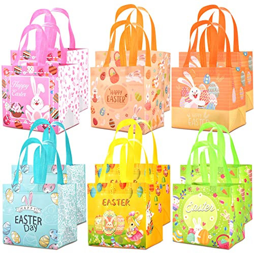 AhfuLife 12Pcs Bolsas de Regalo de Pascua, 20×20×15cm Bolsas de Huevos de Conejo de Pascua, Bolsa Reutilizable no Tejida con Asas, Bolsas de Fiesta de Caza de Huevos de Pascua (12 Pcs)