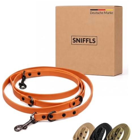 SNIFFLS Hundeleine kleine Hunde 210cm verstellbar - Freihandleine Orange | Metallkarabiner bis 312kg Zugkraft, 3 Führlängen, 13mm breit, 150g leicht, Veganer Lederersatz, wetterfest, abspülbar