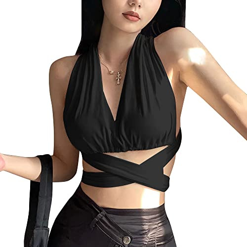 BKEPDY Camiseta Tirantes Mujer Tank Top Camisola Verano Cuello Halter Diseño Cruzado sin Mangas Blusa Elegante Tops Ropa Deportiva Casual