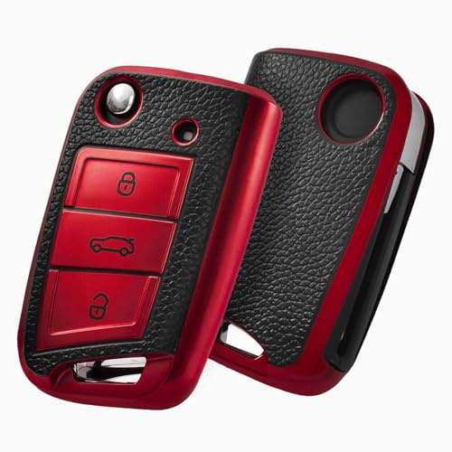 OATSBASF Autoschlüssel Hülle VW, Schlüssel Hülle Kompatibel für VW Golf 7 Schlüsselhülle, Schlüsselbox Cover für VW Polo, Skoda, Tiguan, MK7 3-Tasten (P-Rot)