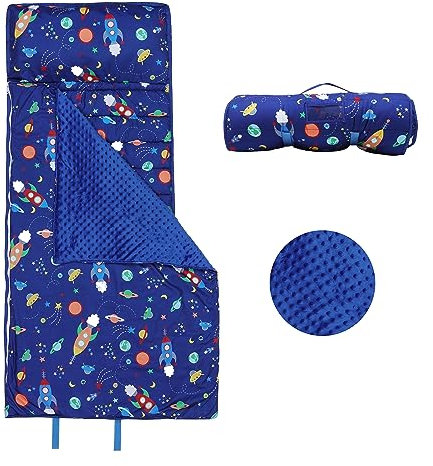 Schlafsack Kinder mit Kopfkissen Reißverschluss, Faltbare Kinderschlafsack mit Kissen Abnehmbar für Mädchen Jungen, Leicht Reinigen Schlafsack für Outdoor Indoor Camping, 150×60cm Planet Rakete