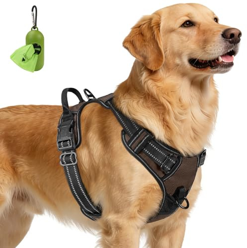 Joytale Anti-Zug Hundegeschirr für Labrador & Schäferhund, Braun, XL | Perfekter Sitz, gepolstert & reflektierend, 2 Anleinpunkte (vorne & hinten), Haltegriff für Treppen & Auto, für Training