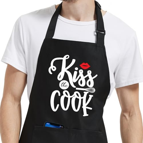 Jpayxese Delantales divertidos para hombre con bolsillos, delantal ajustable para hombre para asar a la parrilla, cocinar, barbacoa, regalos para el día del padre o Navidad, Kiss the Cook, talla única