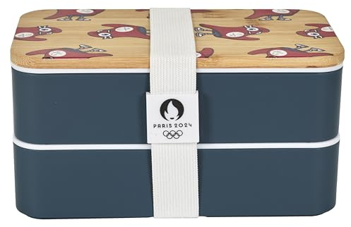 PARIS 2024 - CJO3350 Lunch Box 2 Niveaux Bande Élastique Mascotte - Conçu pour Repas Organisés - Compartiments Séparés - Sac Isotherme Inclus - Dimensions 18.5 x 10.5 x 9.7 cm