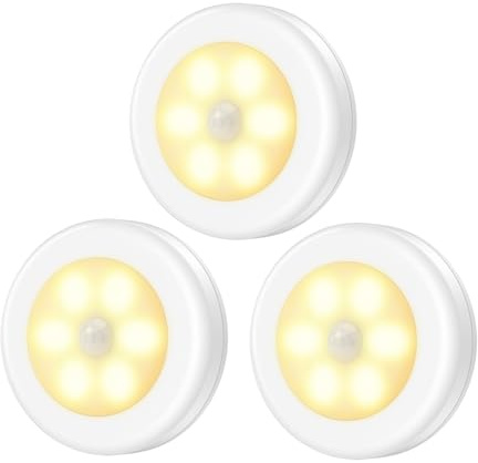 AMIR Motion Sensor Light Indoor, 3 Pack Stick-On LED Night Light with Adhesive Pads, Battery Powered Under Cabinet Lights, Cupboard Lights for Wardrobe, Stairs, Kitchen, Closet(Warm White)
