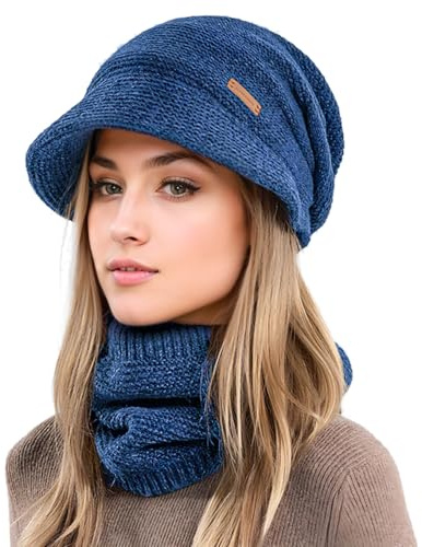Bafiwu Mütze Damen, Mütze Damen Winter Mit Schal Mit Schal Herbst Ein Kombinationsset, Winter Beanie Damen Schal Und Mütze Set Mit Visier Weichem Innenfutter GefüTterte (Blue)