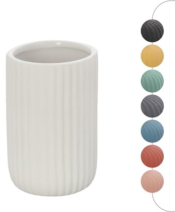 Portaspazzolini bagno da appoggio bianco cannettato in ceramica soft touch, bicchiere multiuso o porta penne, SPRING
