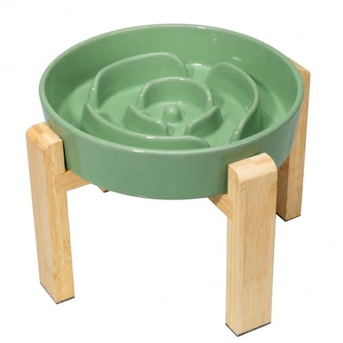 Comedero para Perro Antivoracidad de Cerámica Elevado - Cuenco Lento con Soporte de Bambú - Plato Laberinto para Perros Medianos y Grandes - Verde - 22,5 cm