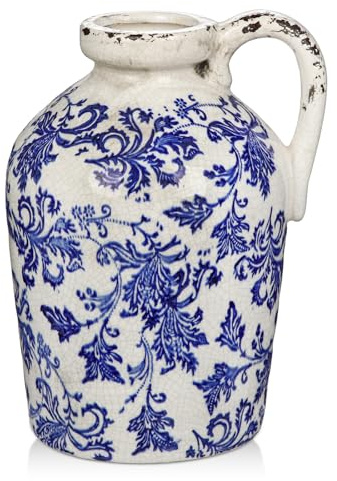 Hohe 23cm Rustikale Keramikvase mit Griffen Blau und Weiße Tischvase aus Keramik Blumenvasen für Deko Wohnzimmer Home Office, Vase für Pampasgras, Rustikales Antikes Dekor