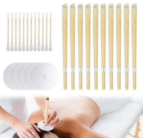 dinghaole 10 Pcs Ear Candles, Hopi Ear Candles for Wax Removal, Hopi Ear Candles, Natural Beeswax Ear Candles Kit, Beeswax Hopi Ear Candles for Blocked Ears with 5 Protective Disks+10 Cotton Swab
