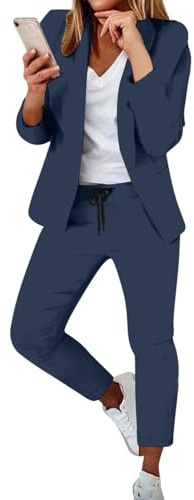 Dam 2-delad outfit | solid blazer med öppen framsida och pennbyxor kostymset | Dubbelbröstat skåra eleganta affärskontor för kvinnor set | arbetsblazerbyxor för bröllopsgäster, Marinblått Xsp, M