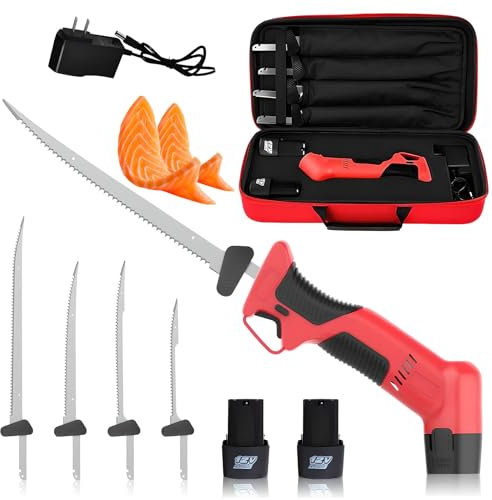 Coltello da filetto elettrico per pesce cordless con 4 lame antiaderenti TI-NITRID S.S. e 2 batterie, borsetta pratica, per casa, ristorante, picnic