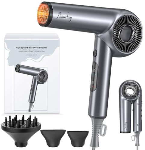 Secador de pelo 1750 millones Iónico, [Novedad 2026, Ligero, Alta Velocidad & Plegable] Secadores de pelo Motor sin escobillas de 110 000 RPM, Hair Dryer silencioso de 48 dB con 2 boquillas y difusor