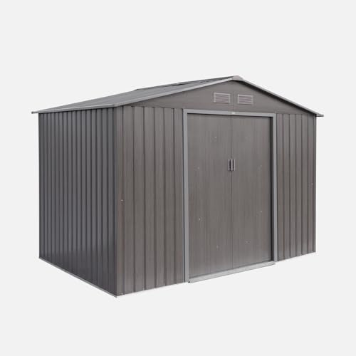sweeek - Abri de Jardin en métal - FERRAIN 5.29m² Bois grisé - Cabane à Outils avec Deux Grandes Portes coulissantes. kit de Fixation Sol Inclus. Maison de Rangement. Remise