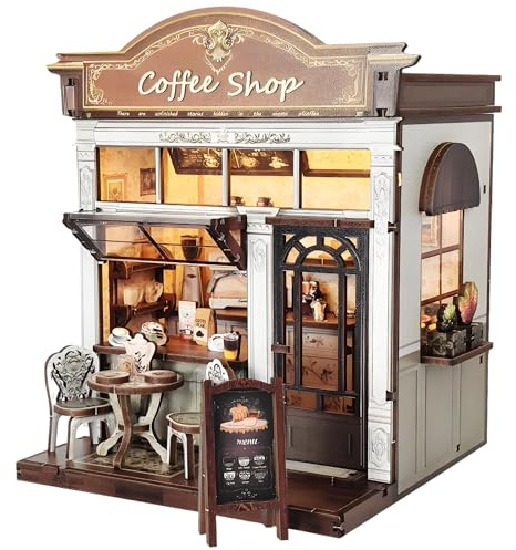 DIY Miniature House Kit, Coffee Shop Book Nook Kit, Mini Building Kit, Dollhouse Kit for Adults and Teens, 3D Wooden Puzzles with LED Light, Craft Kit for Family and Friends(Retro Coffee Shop)