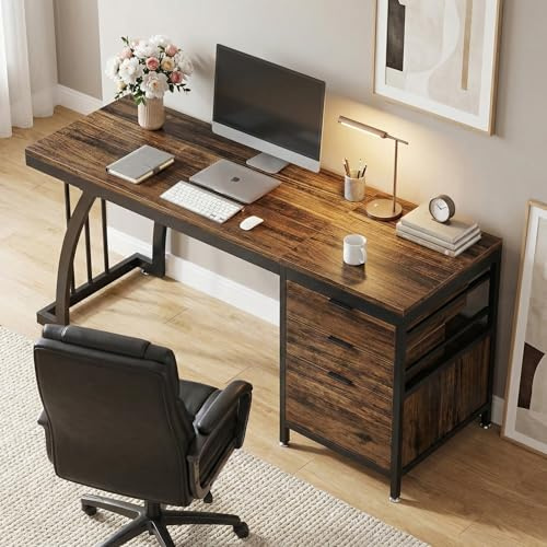 Lailang 150cm Scrivania Computer con 3 Cassetti, Scrittoio Vintage, Scrivania da Studio, Mobili Ufficio Moderni, Scrivania Gaming Marrone, Scrivania Lunga, 150 x 50 x 75 cm, Marrone Rustico