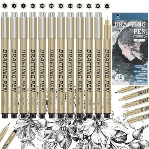 Barlone 12 Fineliner Schwarz Stifte Set, Kalligraphie Stifte Schwarzer Fineliner Wasserfest Zeichenstifte Dicke und Dünne, Tuschestifte zum Illustrationen, Skizzieren, Technisches Zeichnen