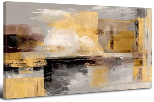 AREBOLO Groß Modern Abstrakt Leinwandbild, Luxus Wanddeko Gelb Gold Schwarz Beige, Aesthetic Kunstdruck Wandbilder für Wohnzimmer Schlafzimmer Büro, Room Decor Bilderwand als Geschenk