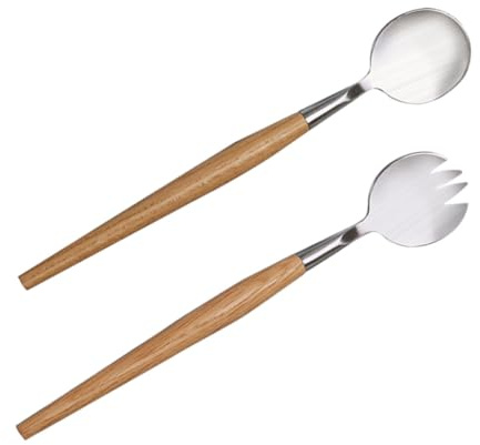 Toyvian 2 pièces Set de Ustensiles Salade Acier Inoxydable avec Manche Bois Fourchette et Cuillère Confortables pour Service de Repas et Pique-
