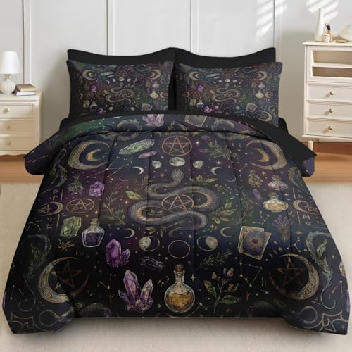 Pinbeam Comforter Set Queen Size, Witchy Celestial Gothic 7 Pcs Bedding for Kids and Adults, Snake Halloween Bed Sheet Sets with Fitted Sheet 2 Pillowcases & 2 Shams for Bedroom Bed Decor