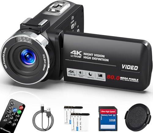 Peryoua Camcorder Video Camera 4K HD 80MP Vlogging Camera for YouTube IR Night Vision Camera 18X Digital Zoom 3.0 IPS Screen Video Recorder with 32GB SD Card, 2 Batteries, Remote Control