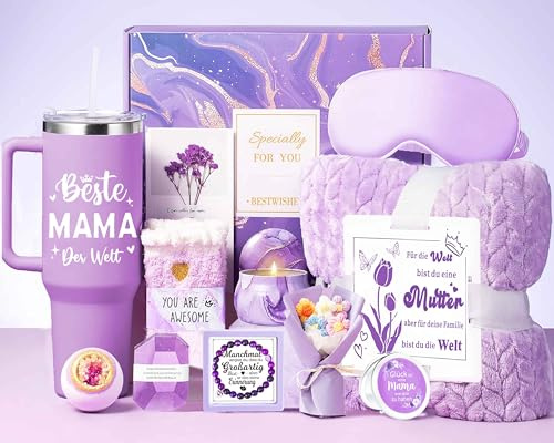AOKILE Muttertagsgeschenk Geschenke für Mama - Muttertag Geschenkeset für Mama Mutter Oma mit Kuscheldeck und 40OZ Edeltahl Weinbecher als Weihnachten Geburtstagsgeschenk Muttertagsgeschenke - Lila