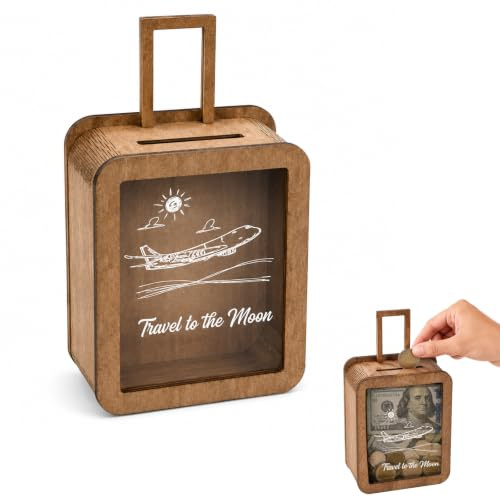 Spardose aus Holz im Koffer-Design mit Sichtfenster, Sparbox für Münzen und Scheine, Schatztruhe Reise-Spardose als Geschenkidee für Kinder und Erwachsene (braun-1)