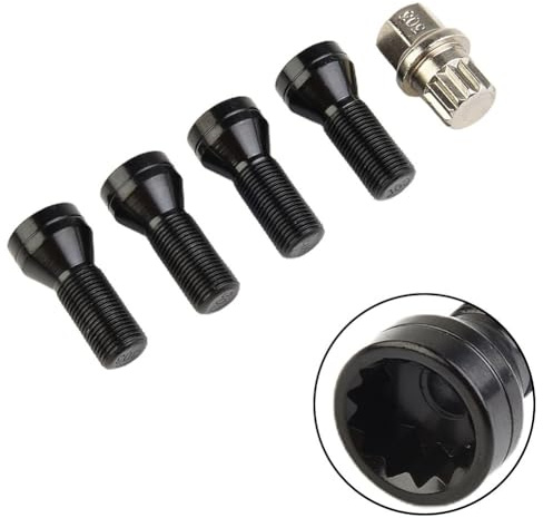 JoyousMall 4 bulloni di bloccaggio per cerchi in lega neri M14 x 1,25 con chiave per BMW per mini R50 R56 F56 Serie 3 Serie 5 X3 per x5