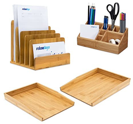 Relaxdays 4 teiliges Schreibtisch Set, aus Bambus, 2 Briefablagen für A4, Schreibtischorganizer, Dokumentenhalter stehend, Natur