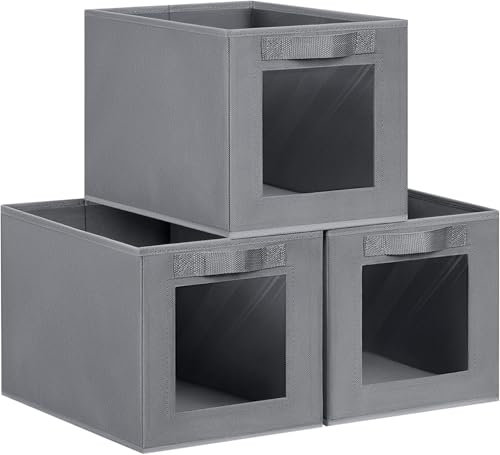 DIMJ 3 Stück Aufbewahrungsboxen, Faltbox mit Transparentem Sichtfenster, Faltbare Aufbewahrungskiste mit Griff, Ordnungsboxen Kleiderschrank Organizer für Kleidung, Bücher, Spielzeug (Grau)
