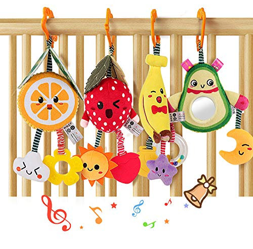 TUMAMA Baby Kinderwagen Spielzeug ab 0 2 3 4 6 9 12 Monate, Früchte Spielbogen Anhänger Greifspielzeug Babyspielzeug, Greifling Rassel Hängespielzeug Geschenk Babies Neugeborenen Jungen Mädchen (4pcs)