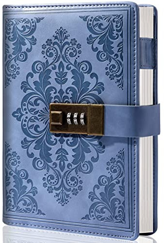 CAGIE Diary with Lock for Women Men 224 Pages Vintage Leather Journal with Lock Refillable Personal Secret Locking Journal with Gift Box, 5.3'' x 7.8'' (Blue)